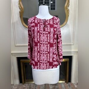 NY&C Soho Jeans Burgundy Floral Tassel Blouse Small Boho Peasant Top NWT